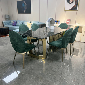 Ensemble de salle à manger rectangulaire de luxe en pierre naturelle de style italien, table à manger moderne en acier inoxydable couleur or champagne pour villa - Product Image 1