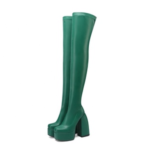 Bottes longues à talon épais de style punk pour femmes, en cuir microfibre élastique, plateforme, au-dessus du genou, bottes hautes jusqu'à la cuisse - Product Image 5