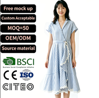 Robe Cache-Cœur Rayée Bleue et Blanche à Manches Courtes, Col en V, Ourlet Volanté, Longueur Midi, Taille Nouée, Élégante et Décontractée pour la Plage et les Vacances, Robe d'Été pour Femme