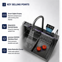 Évier de cuisine simple en acier inoxydable 304 avec robinet cascade, affichage LED, nano anti-rayures, noir, à poser sur comptoir