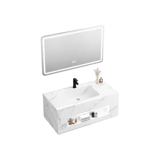 White luxury bathroom furniture wall hung one piece wash basin sink with rock slab