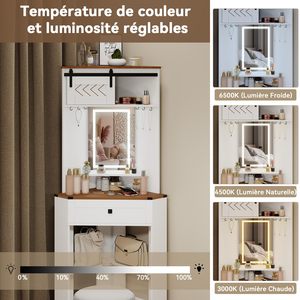 Corner Dressing Table Mirror LED Lighting 1 <strong>Drawer</strong> 6 Hooks 3 <strong>Colours</strong> Adjustable Cosmetic Storage Shelf Modern Bedroom Furniture - Product Image 4