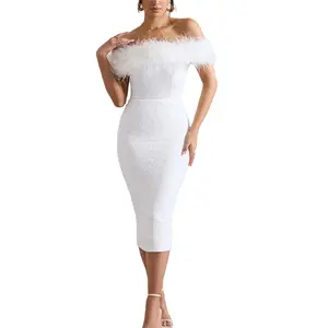 Women's Slim Elegant Bodycon and strapless Midi Dress with Feather Detail for Summer and Spring evening dress
