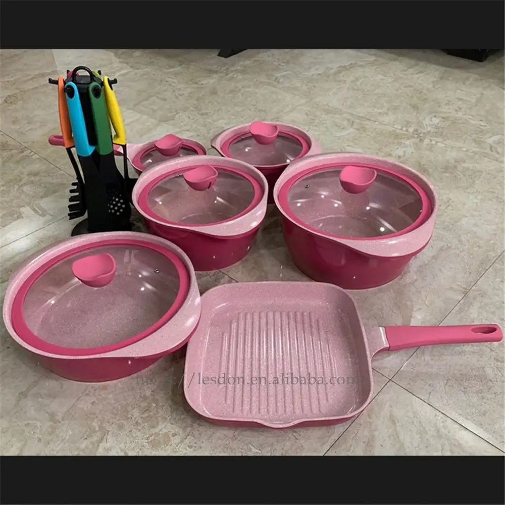 Baru 2023 Food Grade18pcs Die-Casting Aluminium Antilengket Peralatan Masak Marmer Memasak Pot Peralatan Masak Set Pink Memasak Pot