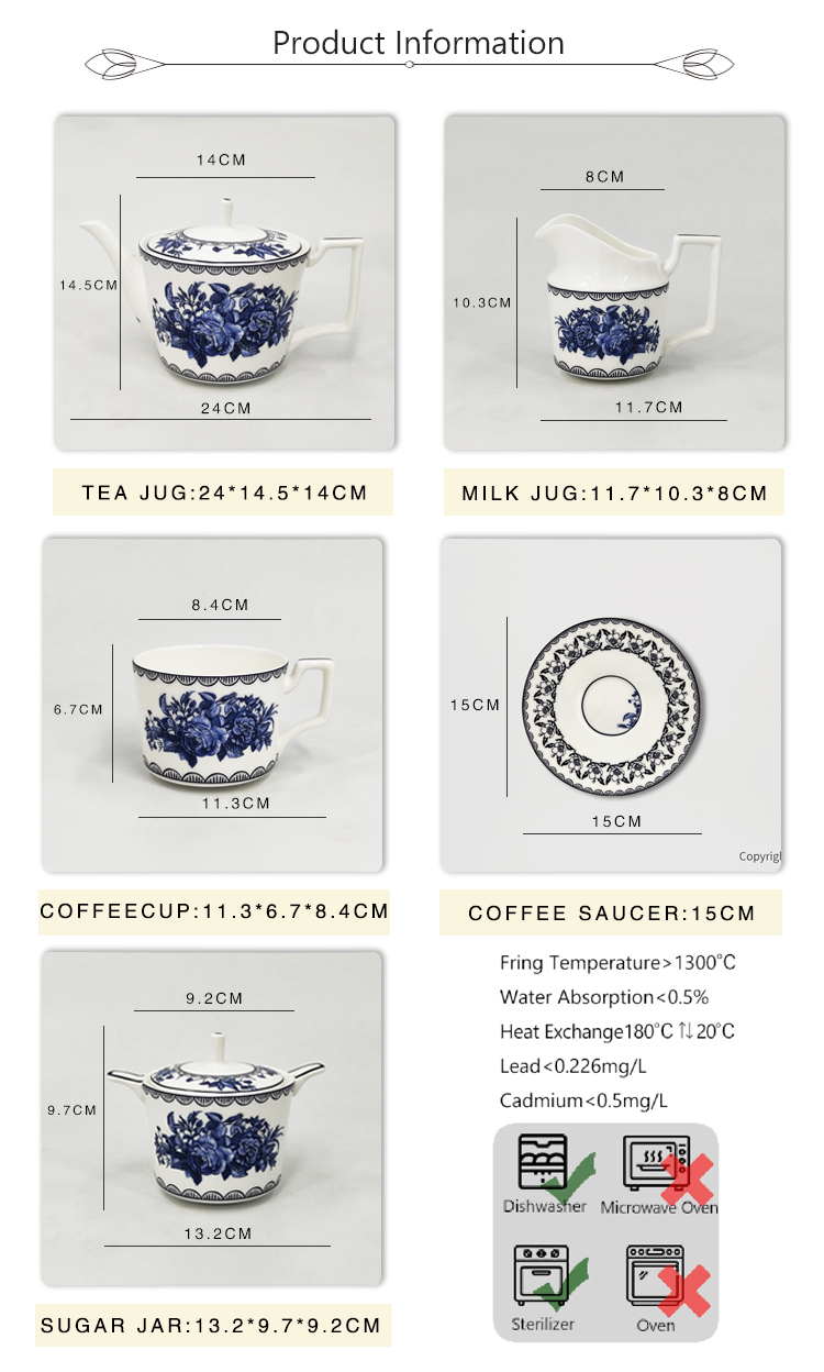 2022 New Style bone china blue and white porcelain peony coffee cup and saucer for banquet and meeting