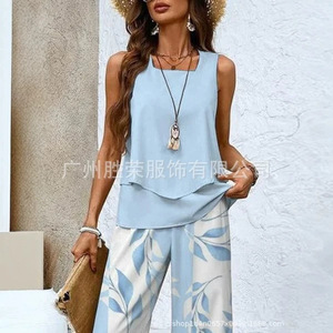 Ensemble veste et pantalon sans manches à double couche pour femmes, imprimé floral, costume décontracté, style Europe et Amérique, tailles S, M, L, XL, XXL, XXXL - Product Image 4
