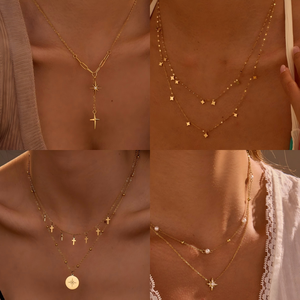 FY Fashion Minimalist Women Multi Layer <strong>Necklaces</strong> No Fade Stainless Steel Star Cross <strong>Coin</strong> Charms Pendant Layered Choker <strong>Necklace</strong> - Product Image 2