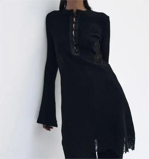 2023 New Arrivals Woman Lace Dresses Sweater Custom Long Sleeve O Neck Black Vintage Straight Knit Mini Dress