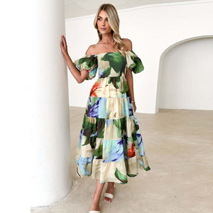 Elegante Vestido Largo Estampado Floral para Mujer, Cuello Cuadrado, Manga Corta, Vestidos Ajustados para Verano, Venta al por Mayor - Product Image 1