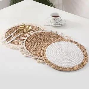 Natural fringes Round Woven Seagrass Straw Braided Placemat for Kitchen Table Coffee Hotel Wedding