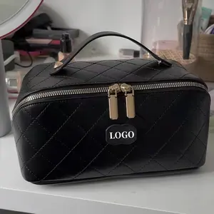 Luxury Embroidery Diamond Checker PU Leather Makeup Bag Custom Logo Waterproof High Quality Large Capacity Travel Cosmetic Bag