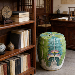 เก้าอี้กลองเซรามิกลายผักกวางตุ้งวาดด้วยมือ เก้าอี้เซรามิกจีนลายดอกไม้สีชมพูสไตล์วินเทจ เก้าอี้เซรามิกสีเขียวสำหรับสวน - Product Image 3