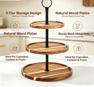 Espositore per Cupcake a 3 Livelli in Legno di Acacia, Vassoio Rustico in Legno <span class=keywords><strong>con</strong></span> Manico in Metallo Nero, Supporto per Dessert per Feste e Matrimoni - Product Image 5