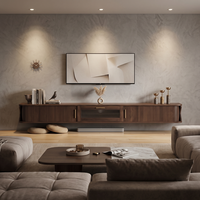 Moderner Wandmontierter Wohnzimmer-TV-Schrank mit Holzmaserung-Paneelen Seitliche Aufbewahrungstüren Zentrales Glasregal Anpassbares Design