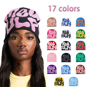 Özel tüm Logo elmas soyulmuş kış örgü şapkalar Mea Culpa Y2k Rhinestone bere kadın için - Product Image 2