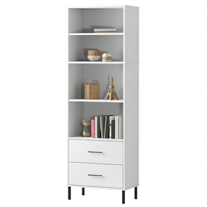 White Tall <b>Bookcase</b> With 4 Shelves And 2 Drawers Modern Living Room Furniture Pine <b>Wood</b> Construction - Product Image 1
