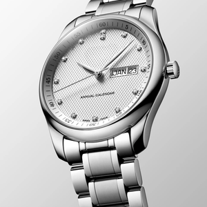 Round Annual <b>Calendar</b> Automatic Mechanical Watch with Crystal Index Dial and Stainless Steel Bracelet Longinesing - Product Image 4
