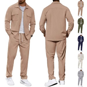 Ensemble de survêtement décontracté pour homme en deux pièces avec veste à col boutonné et pantalon à jambe droite en kaki, blanc cassé, vert, bleu, gris - Product Image 1