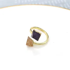 Fashion Jewelry Double Stone Ring Amethyst Citrine Pyramid Shaped Gemstone Ring Plated Adjustable Ring Gold Natural for Women