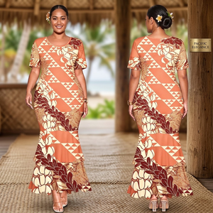 Abito Lungo da Donna Plus-Size con Stampa Polinesiana Personalizzata, Elegante Collo Tondo e Orlo Asimmetrico con Volant - Product Image 1