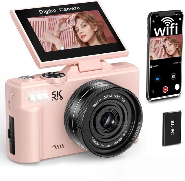 180° Flip Screen Digital Camera, 5K Video & 75MP Pixel, WiFi Autofocus Camcorder, Black White Travel Vlog Camera with SD Card