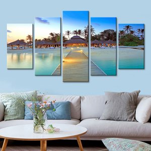 5 Pieces Sea Bridge <strong>Palm</strong> <strong>Trees</strong> House Seascape Pictures HD Printed Modular <strong>Prints</strong> Wall Art Painting <strong>Canvas</strong> Modern - Product Image 3