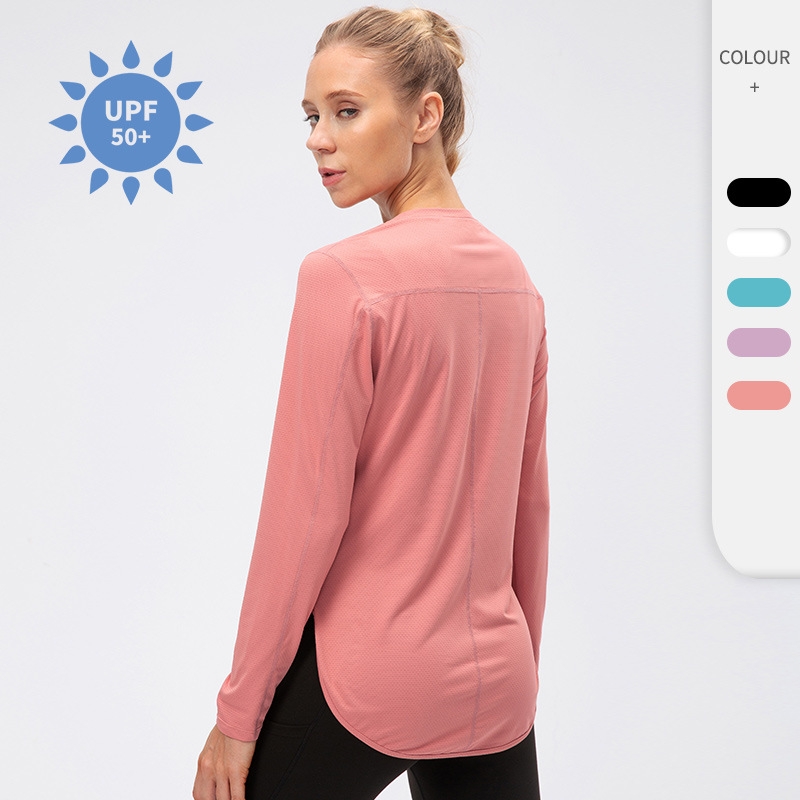 Yutuo Custom Quick Dry Moisture Wicking Long Sleeve Sports T-Shirt for Women UPF 50+ UV Protection Curved Slit Hem Yoga Gym Top