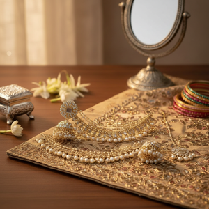 Bridal Ethnic High Quality <b>Gold</b>-Plated Traditional Jewelry <b>Set</b> Chandelier Earrings Pearl Chain Maang Tikka Alloy Kundan-Studded - Product Image 3