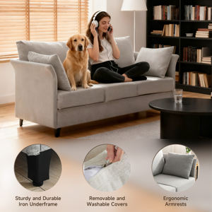 हल्के ग्रे लिनन कपड़े 3-सीटर सोफे के साथ रहने वाले कमरे के लिए और उच्च-इलास्टिक स्पंज बैकरेस्ट के साथ बेडरूम - Product Image 3