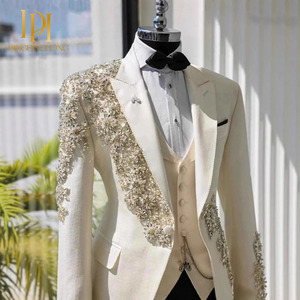 Costume <span class=keywords><strong>Homme</strong></span> Luxe 2 Pièces Argenté Brodé Cristal Élégant Simple Boutonnage <span class=keywords><strong>Mariage</strong></span> Business Fermeture Éclair - Product Image 4