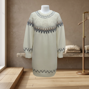 Pull-over tricoté géométrique à manches longues pour femme, col rond, style robe décontractée à manches lanternes pour l'hiver - Product Image 4