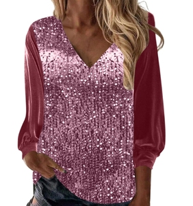 2025 nuova <span class=keywords><strong>camicia</strong></span> a maniche lunghe con scollo a V <span class=keywords><strong>in</strong></span> <span class=keywords><strong>velluto</strong></span> dorato con paillettes da <span class=keywords><strong>donna</strong></span> - Product Image 4