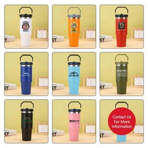 Botella de Agua de Viaje con Logotipo Personalizado, Taza de Acero Inoxidable de 20oz/30oz, Termo con Pajita Abatible y Asa - Product Image 4