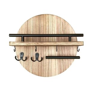 Wooden Wall Mounted <b>Shelf</b> Round 2 Tier Entryway Key Storage Rack With <b>Hooks</b> For Living Room Home Organization - Product Image 2