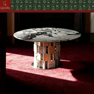 <span class=keywords><strong>Table</strong></span> ronde en marbre Calacatta Viola GOLDKING, base blanche, veines gris foncé et noires, nuances violettes, base en bois et métal, sur mesure - Product Image 3