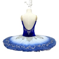 Tutu de ballet professionnel bleu roi ombré ET23001 avec appliques argentées pour performance scénique et compétition, tutu plat pour femme