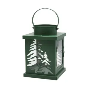 Christmas Green Candle Lantern with Christmas Elements Pattern Christmas Tree as Indoor Home and Outdoor Garden Decor