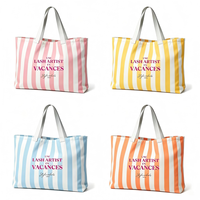 Sac fourre-tout de plage en toile de coton rayé rose, bleu, jaune, orange, grande taille, série Lifestyle, avec logo personnalisé