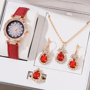 Popular Luxury Women's Leather Belt Watch and Jewelry Set Alloy Necklace Bracelet with Tear Design Waterproof Quartz Movement