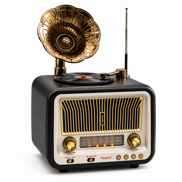 ELETREE FX-2528B Portable Retro FM AM SW 3 Band Radio with BT Speaker USB TF Player Rechargeable Vintage Gramophone Radio