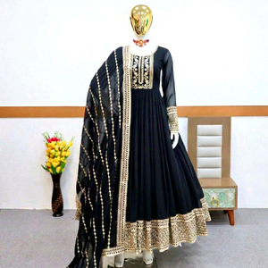 Traje Anarkali Negro Bordado para Mujer, Vestido de Fiesta Pakistaní para Boda, Manga Larga, Plisado con Chal, Ropa Formal de Noche, Secado Rápido - Product Image 1