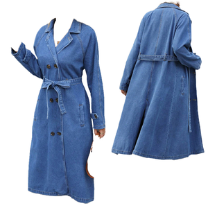 Gabardina Larga de Mezclilla para Mujer, Doble Botonadura, con Cinturón, Color Sólido, Estilo Casual para Otoño - Product Image 1