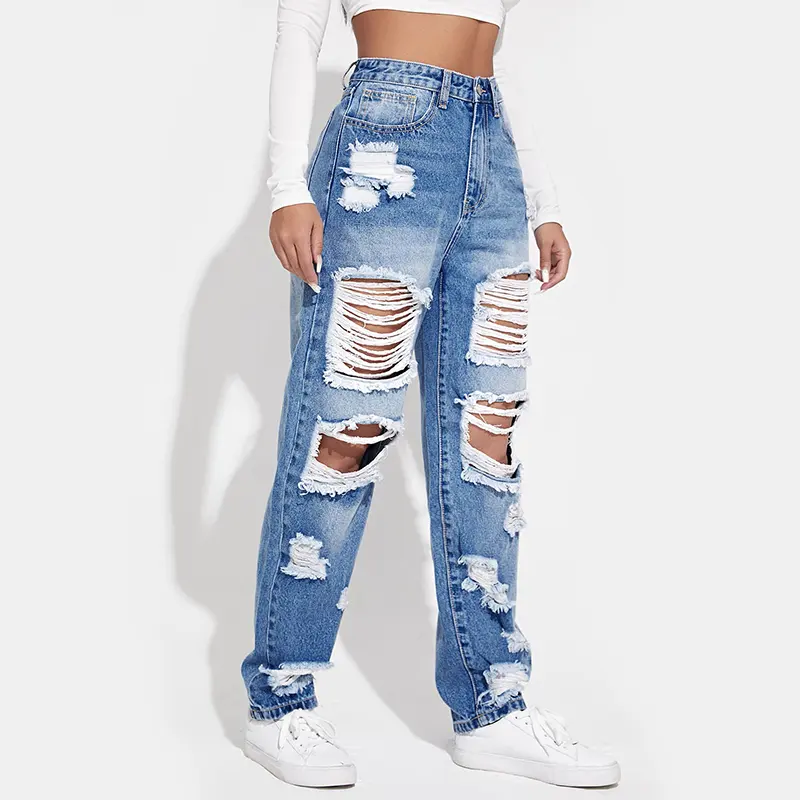 Wholesale Casual Wide Leg Boyfriend pants custom girls ripped jeans mujer plus size baggy Women's Jeans