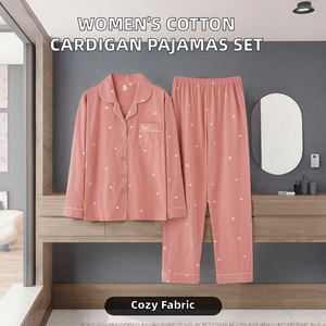 Factory Wholesale Women's Casual <b>Spring</b> Autumn New Elastic Waist 100% Cotton <b>Cardigan</b> Knitted Long Sleeve Pajamas Set Home - Product Image 3