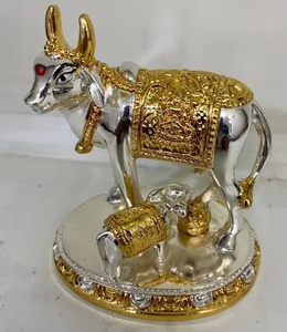 Cow Calf Animal <b>Statue</b> Handicraft Handmade <b>Gold</b>-Plated Modern Rectangle Design Religious Diwali Wedding Tabletop Ornament - Product Image 1