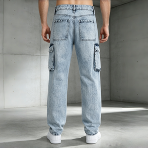 Pantalones Vaqueros para Hombre, Lavado Ácido, Azul Claro, Diseño con Bolsillos Cargo y Grandes Parches Rotos, Estilo Urbano - Product Image 2