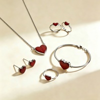 Elegante Conjunto de Joyería de Corazón para Mujer, Acero Inoxidable con Incrustaciones de Madera Roja Natural, Collar, Brazalete, Pendientes y Anillo, Ecológico, OEM