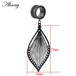 Alisouy 2PC Ear Plugs Tunnel Gauges Weave Leaves Dangle Ear Stretcher Stainless Steel Body Piercing Jewelry Screw Ear Expander