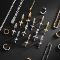 Boucles d'oreilles pendantes croix plaquées or 14K pour homme, créoles articulées croix en argent 925 avec zircone cubique 5A CZ pour femme, bijoux hip-hop, boucles d'oreilles Huggie