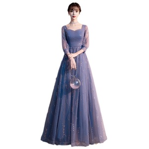 Elegant Blue Evening Gown Square Collar Empire Waist Long Sleeve For Wedding Party Banquet Annual Meeting - Product Image 5